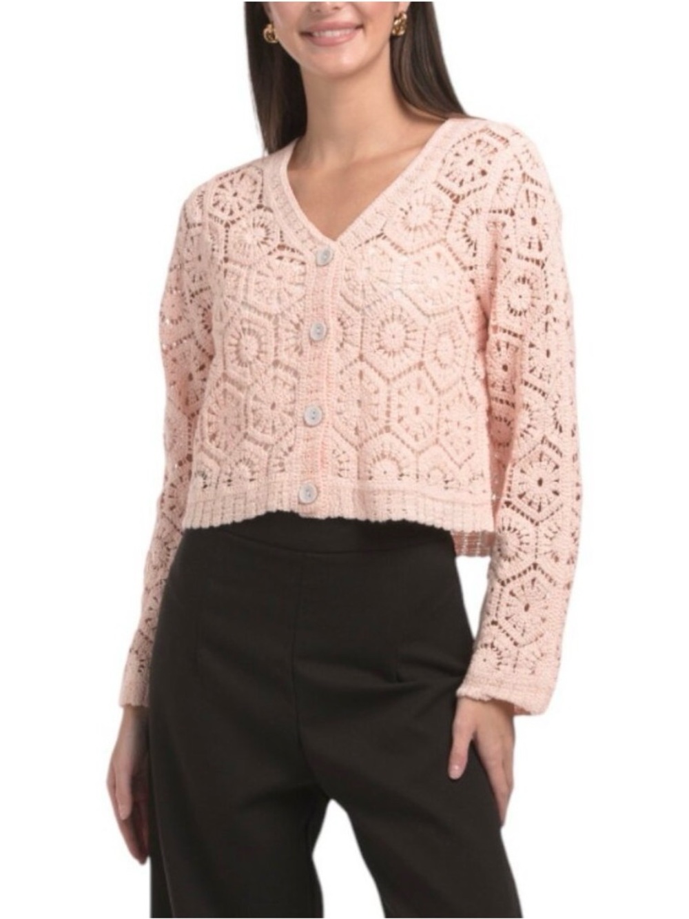 Ultra Pink 100% Cotton Crochet Cardigan (Sz XL) Soft Pink